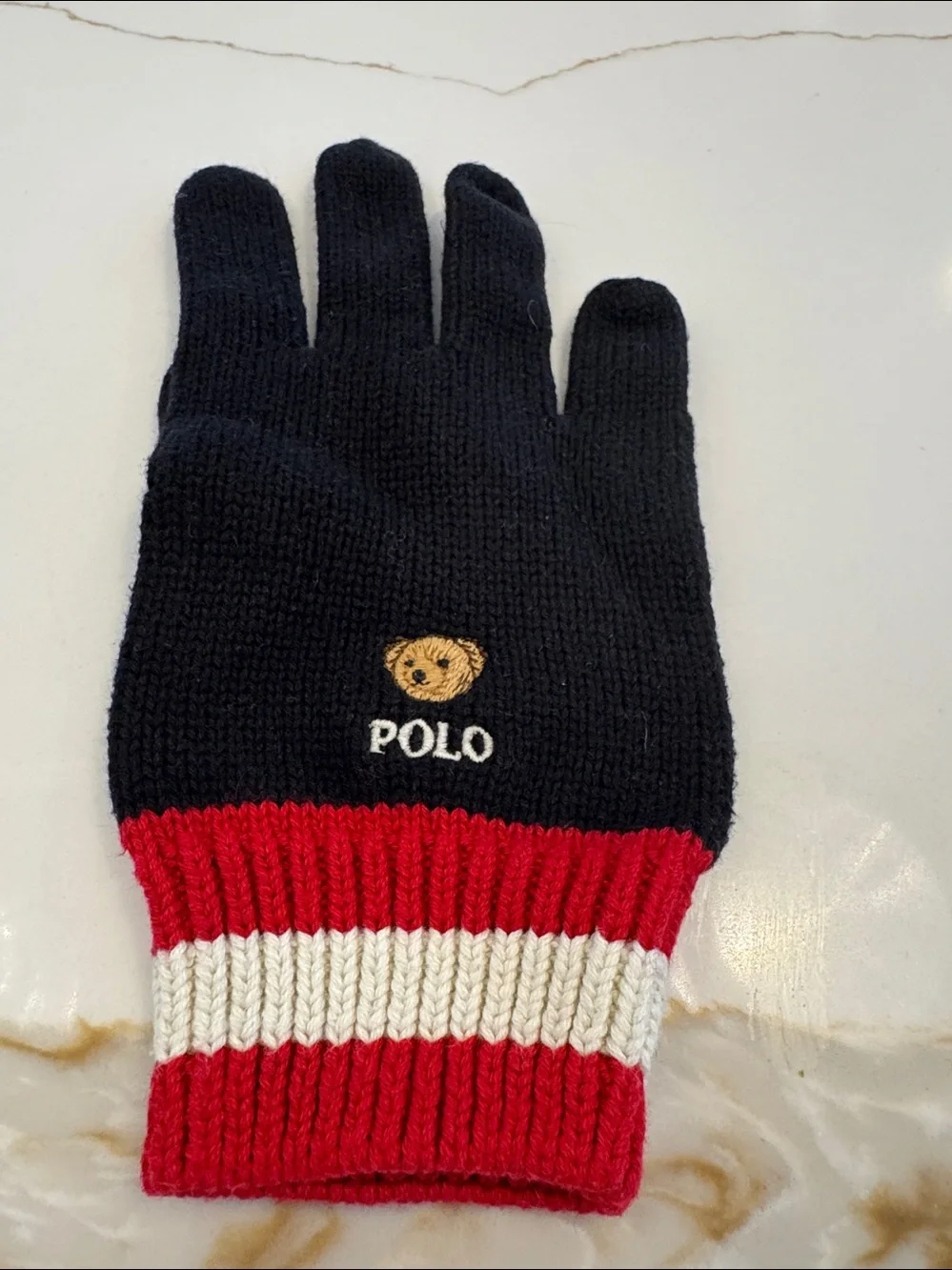 Polo by Ralph Lauren Black Knit Kids Gloves with Polo Bear and Stripe Cuff